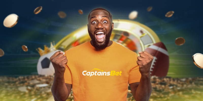 CaptainsBet app - thrilled bettor cheering amid gold coins, a roulette wheel, and sports balls