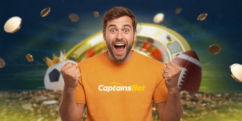 CaptainsBet branded promotional graphic showing a person in an orange t-shirt, gold coins, a roulette wheel, a soccer ball, and a football