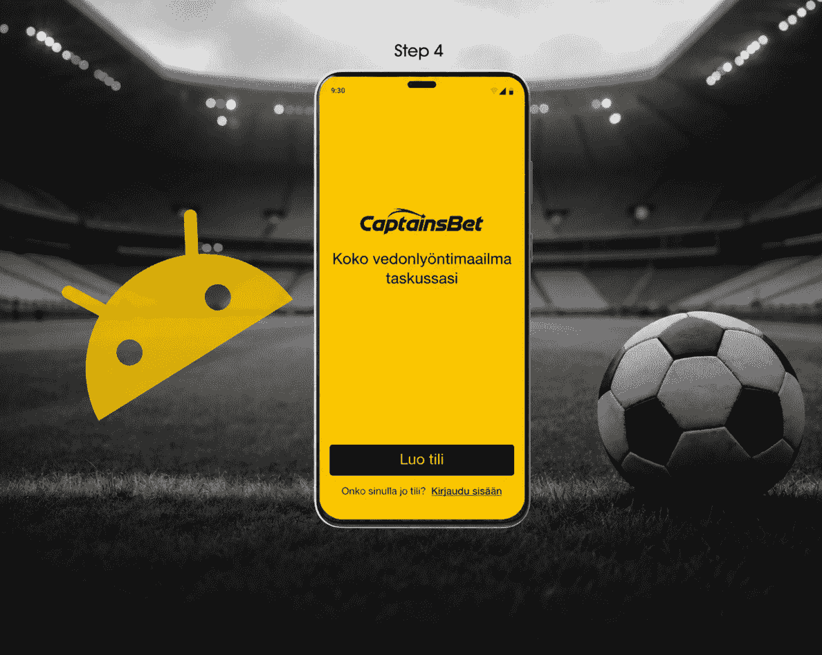 CaptainsBet-sovelluksen rekisteröitymisnäkymä puhelimessa jalkapallostadionilla.