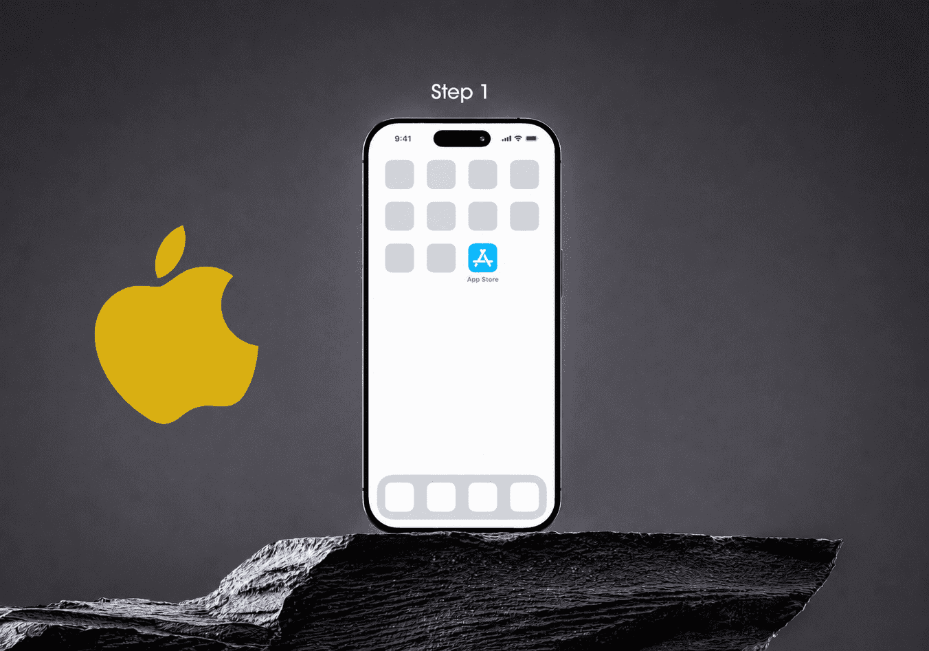 Step 1 of installing the CaptainsBet app on iOS — an iPhone home screen showing the App Store icon, set against a dark rocky background
