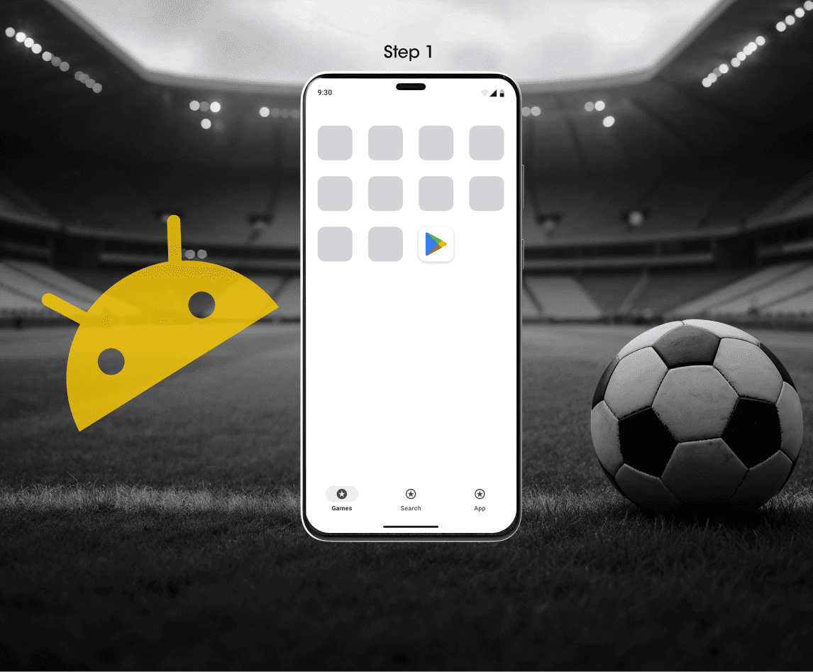 Step 1 of installing the CaptainsBet Android app — a smartphone home screen with the Play Store icon, set against a stadium and football background