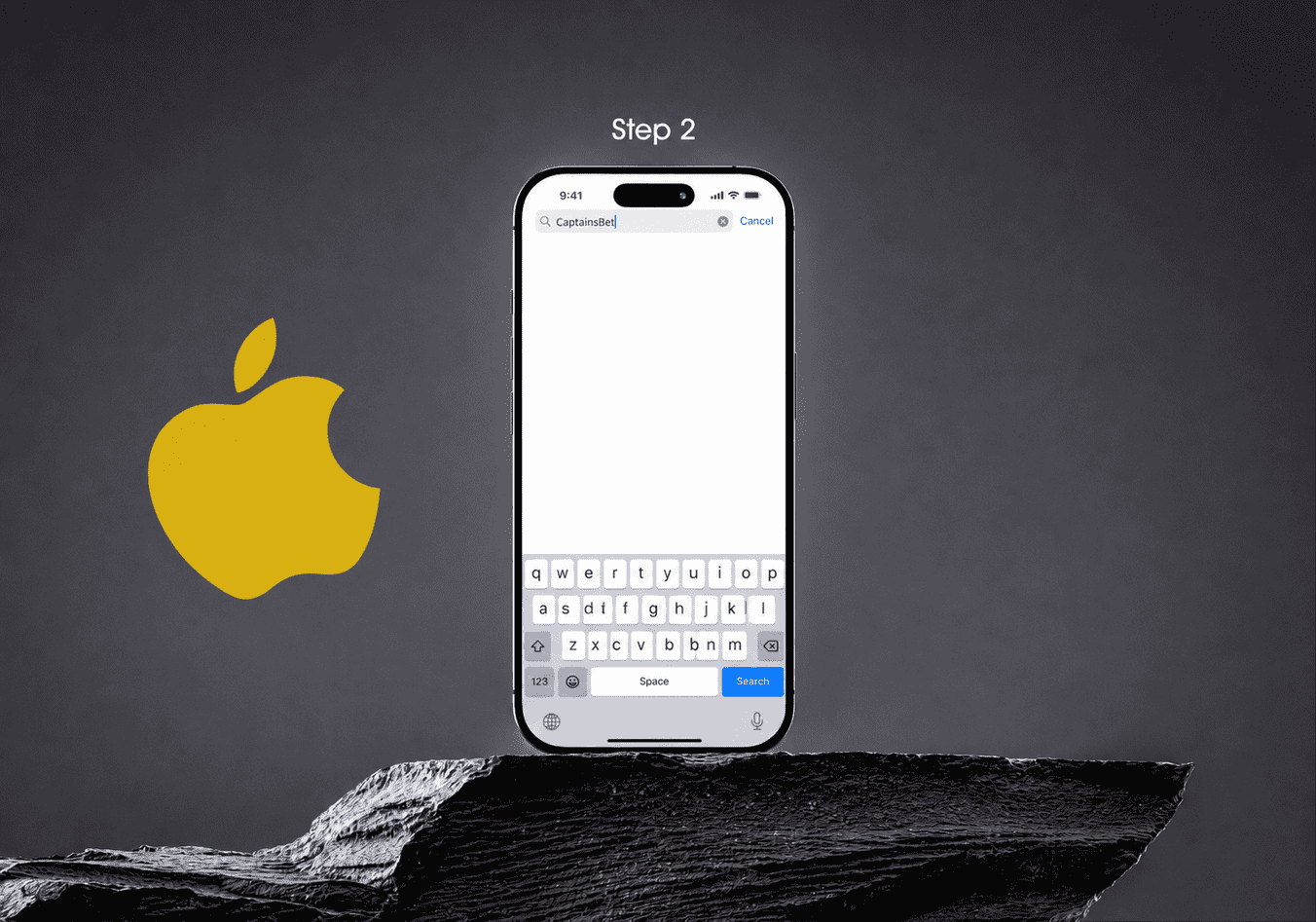 Step 2 of installing the CaptainsBet app on iOS — searching for "CaptainsBet" in the App Store search bar on an iPhone, against a dark rocky backdrop