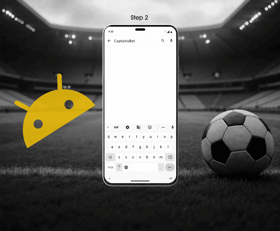 Step 2 of installing the CaptainsBet Android app — searching for "CaptainsBet" in the store search bar on a smartphone, with a stadium and football backdrop