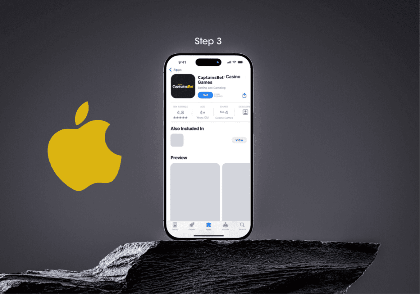 Step 3 of installing the CaptainsBet app on iOS — the CaptainsBet Casino Games App Store page with the Get button on an iPhone, set against a dark rocky background