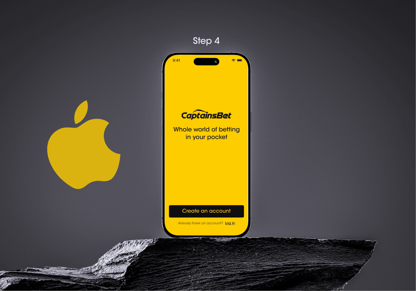 Step 4 of installing the CaptainsBet app on iOS — the CaptainsBet welcome screen with a "Create an account" button on an iPhone, against a dark rocky scene